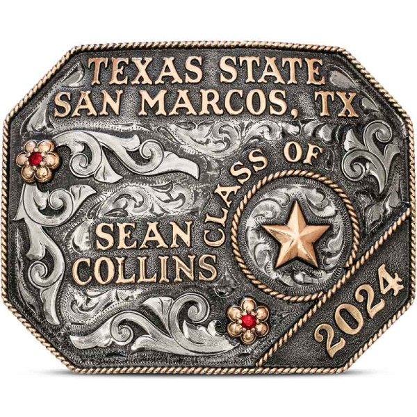 A custom belt buckle for Texas State San Marcos Texas Class of 2024 with personalized name featuring a golden star figure 